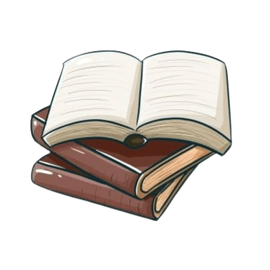 Three books stacked with one open on top showing blank pages, set against a transparent background. No visible text. The illustration has a calm and studious tone.